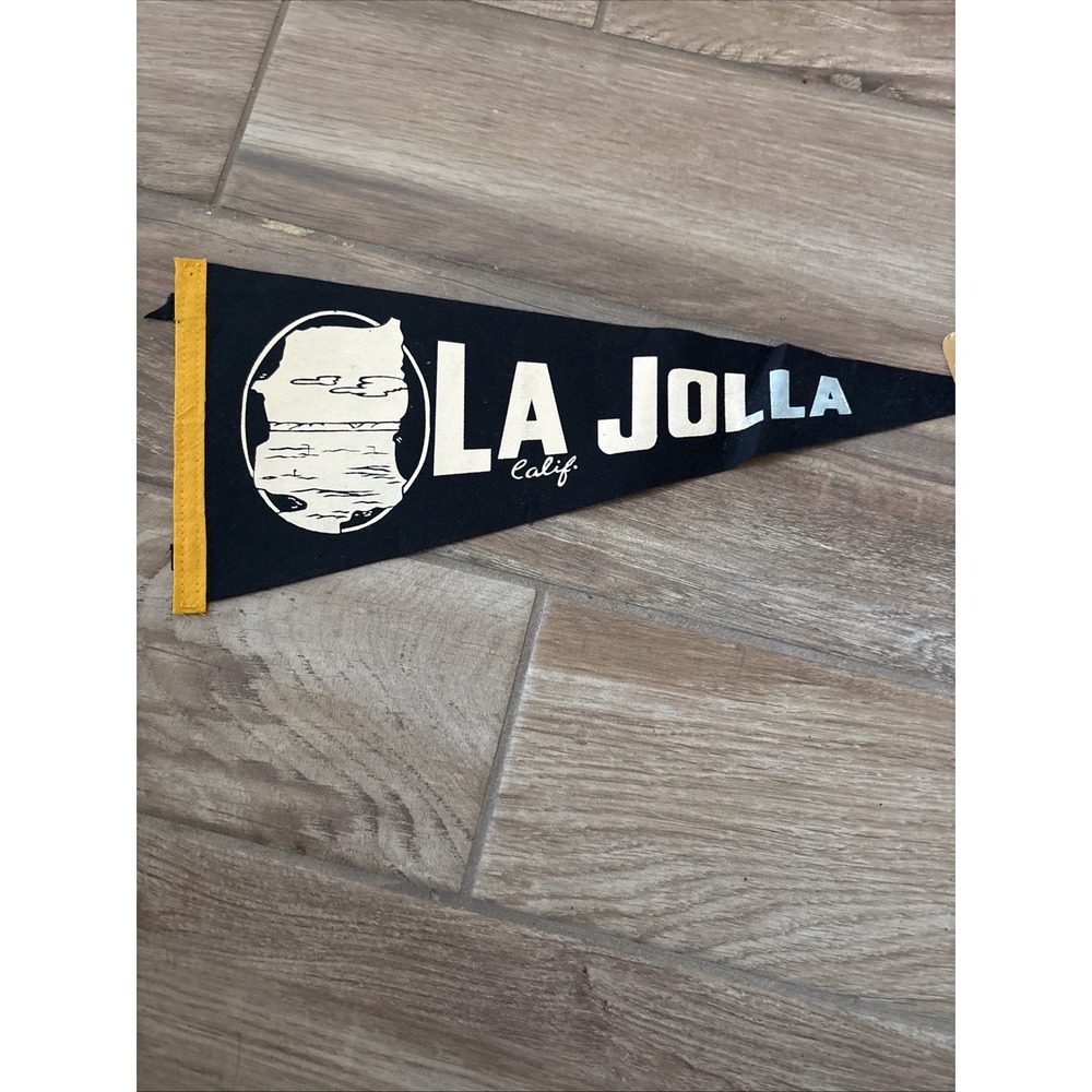 Vintage 1950s Felt La Jolla California Pinup Blue White Pennant Flag 17" x 7"